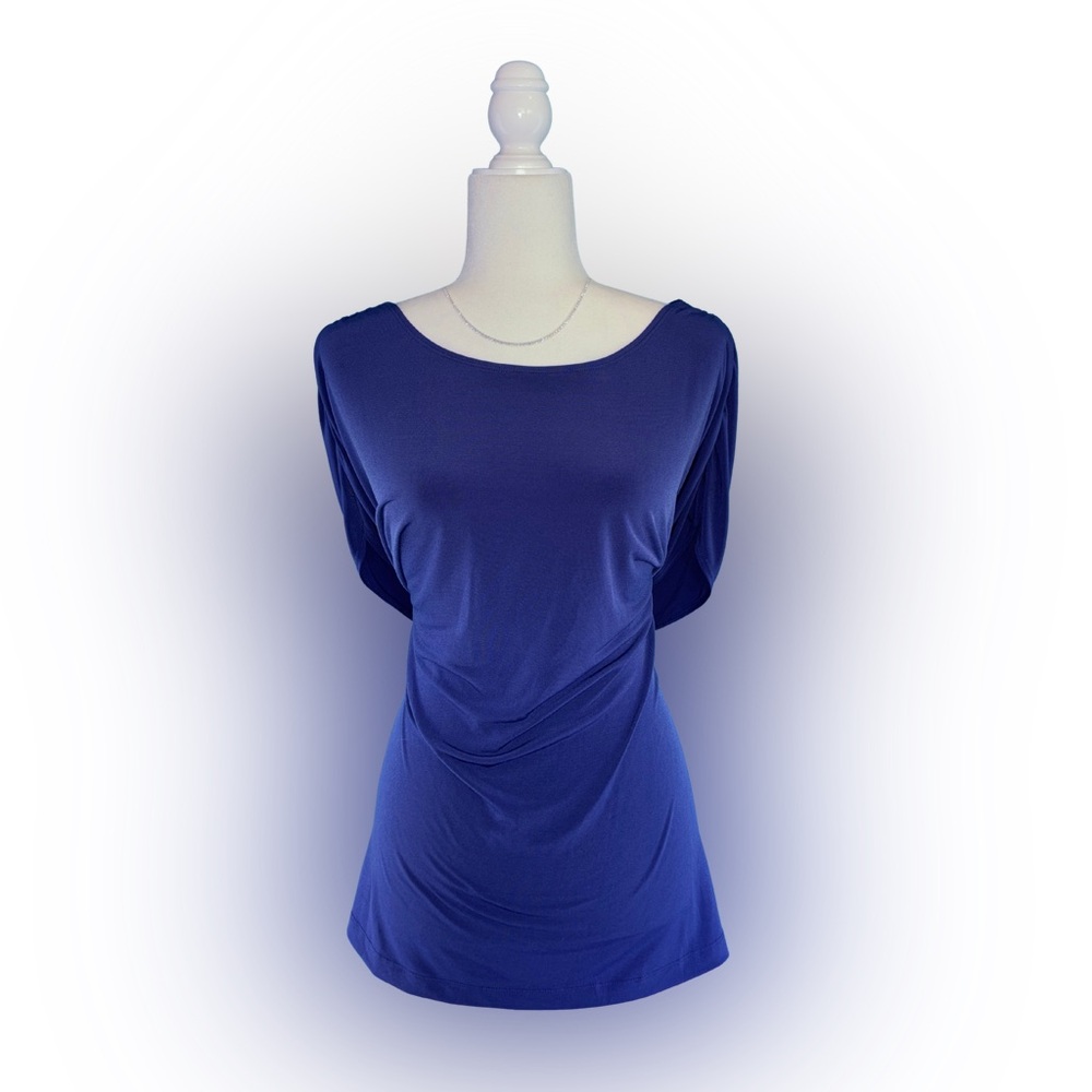 Susan Graver Plus Size 3X Royal Blue Indigo Draped Tunic Top Stretch Boat Neck